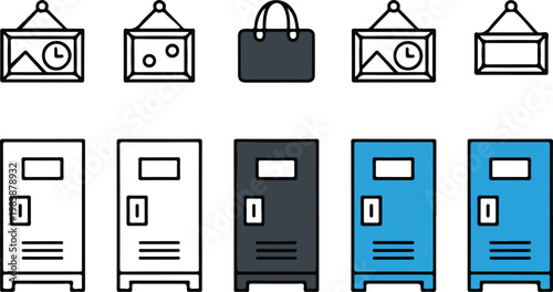 Minimalist icon set of school lockers and framed artwork in line art solid and blue variations on white background