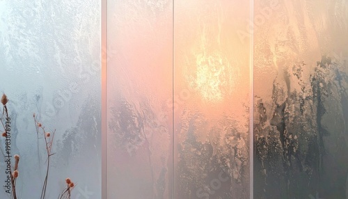Vue abstraite d'un paysage d'hiver à travers une vitre givrée avec des reflets de soleil levant et des silhouettes de plantes délicates.