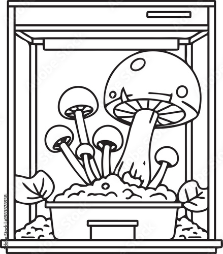 Mushrooms growing inside a controlled glass terrarium environment represented as a clean and modern vector illustration for mycology and science