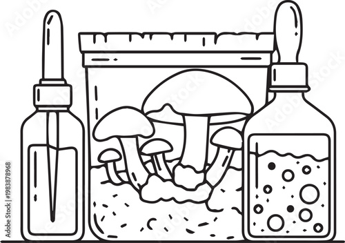 Laboratory setup with glass dropper bottles and a mushroom terrarium for scientific research depicted as a professional vector illustration
