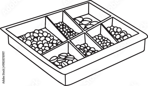 Kitchen drawer organizer with multiple compartments filled with assorted coffee beans for organized storage and culinary preparation workflow