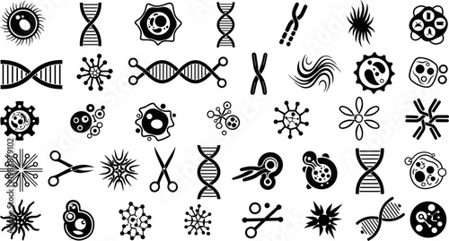 Genetics and Biotechnology Icon Set Featuring DNA Helix, CRISPR Gene Editing Scissors, Chromosomes, Microscopic Cells, Molecules, and Biological Research Symbols for Scientific Design