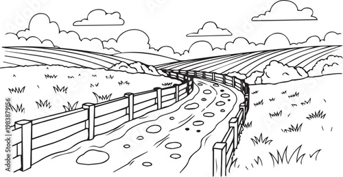 Rural landscape with dirt road and wooden fence stretching towards rolling hills and fluffy clouds under a clear sky in a pastoral setting