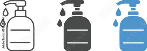 Minimalist icon set of liquid soap dispensers in line art silhouette and blue variations with droplets UI design