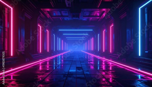 Couloir futuriste sombre éclairé par des néons roses et bleus vibrants avec un sol réfléchissant dans un style cyberpunk et technologique.