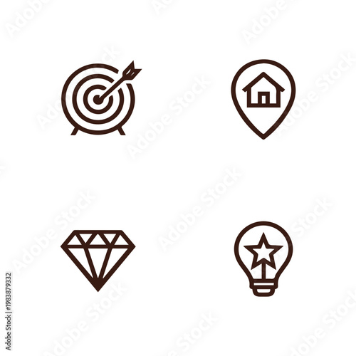 Essential Business and Life Concepts Icon Set Target Home Diamond Idea Star
