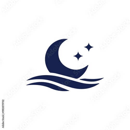 Serene Midnight Ocean Scene with Crescent Moon and Twinkling Stars Icon
