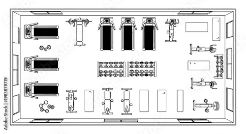 detailed top-down blueprint of a modern gym layout showcasing various fitness equipment like treadmills weights and bikes for a comprehensive workout space.