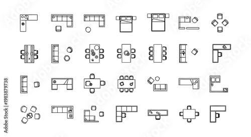 top down view of various furniture arrangements and floor plans