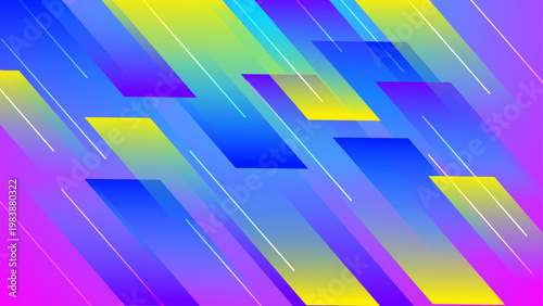 Colorful abstract composition featuring layered diagonal rectangles and neon stripes in cyan purple and yellow tones