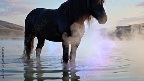 Majestic black horse in misty lake mystical animal footage