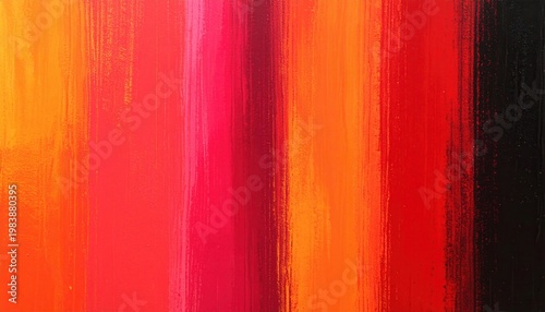 Pintura abstrata vibrante com pinceladas verticais em tons quentes de vermelho, laranja e rosa, criando um fundo dinâmico e energético.