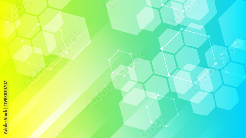 Fresh green and blue abstract background with geometric hexagons and diagonal light stripes for ecology and technology fusion