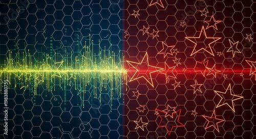 A vibrant digital illustration of sound waves and stars on a honeycomb pattern background Brazil and morocco scoreboard 2026 soccer world championship fu