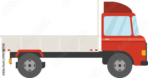 A simple, stylized, flat illustration of a red flatbed truck with a white cab, parked in profile against a white background, ideal for transportation and logistics themes
