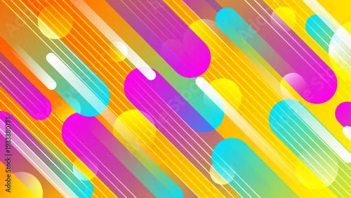 Energetic yellow and orange backdrop with multicolored diagonal rounded capsules and thin stripes