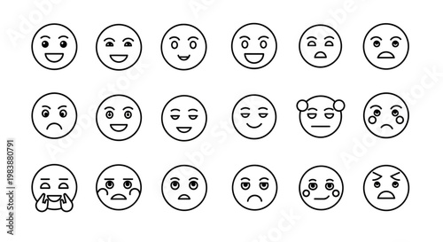 Collection of various emoticon faces expressing different emotions and moods on white background