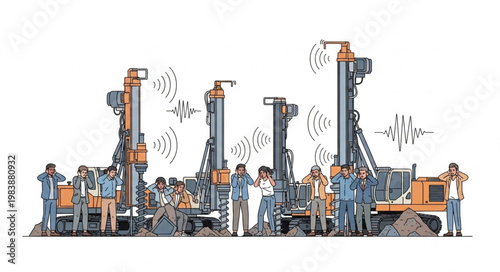 Construction workers operating heavy drilling machinery on a site.