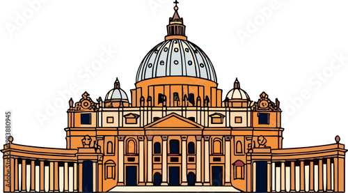 St. Peter's Basilica Illustration in Vatican City with Detailed Architecture and Dome Design