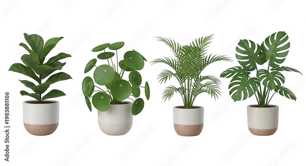 Fototapeta premium Assortment of four potted houseplants isolated on white background