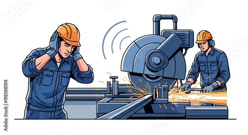 Construction workers operating heavy machinery in a noisy industrial setting.