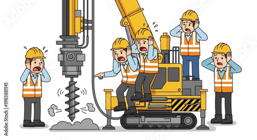 Construction workers react to loud drilling noise from heavy machinery.