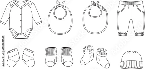 Collection of baby clothing and accessories illustrated in black and white vector icon