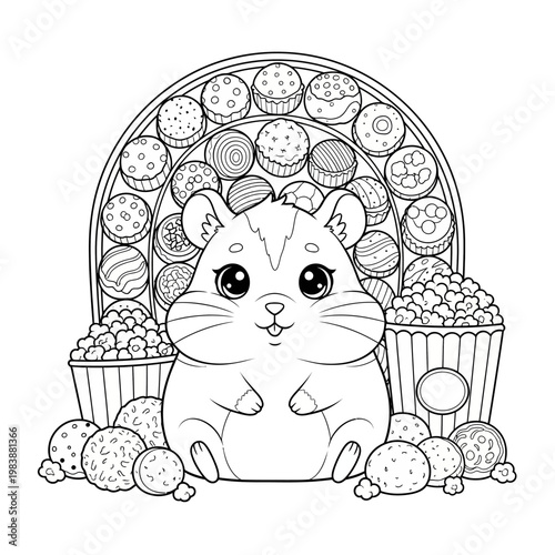 Cute Hamster Surrounded by Sweets and Snacks, Coloring Page Outline