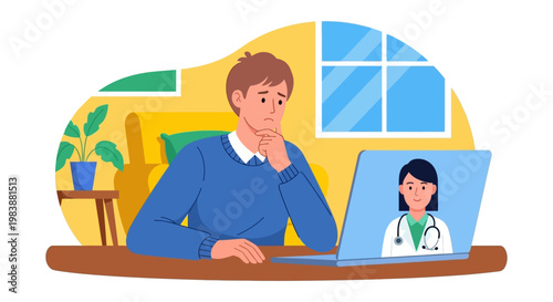 concerned man having an online medical consultation with a female doctor on his laptop depicting modern telehealth