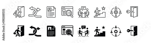 Recruitment process and career path icon collection featuring job search resume submission office interview corporate networking and professional growth steps in black and white styles.