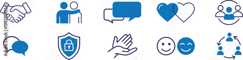 Set of vector illustrations on a transparent background featuring friendly interactions, communication, safety, support, and positive emotions.