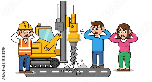 Construction worker and distressed people react to loud drilling noise on road.