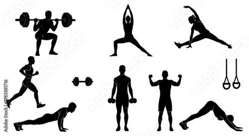 silhouette of people exercising with weights yoga running and stretching