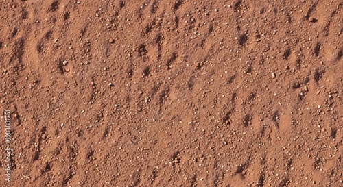 Close up of red dirt ground with many small footprints.