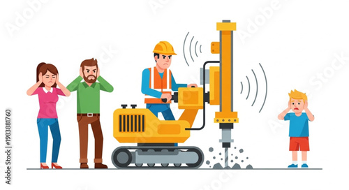Construction worker operating heavy machinery causing noise pollution affecting nearby residents.