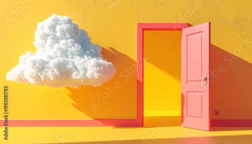 Cenário surreal e vibrante com uma nuvem fofa flutuando ao lado de uma porta rosa aberta em uma sala amarela brilhante, simbolizando oportunidades e imaginação.