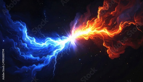 Confronto cósmico vibrante de energia azul e laranja colidindo no espaço, simbolizando dualidade, poder e equilíbrio.