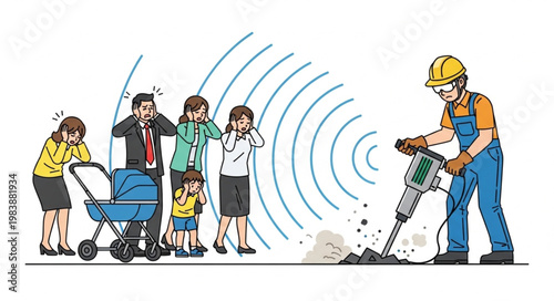 Construction worker using jackhammer causing noise pollution affecting people.