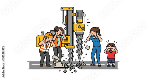 Construction workers and civilians cover ears from loud drilling noise.