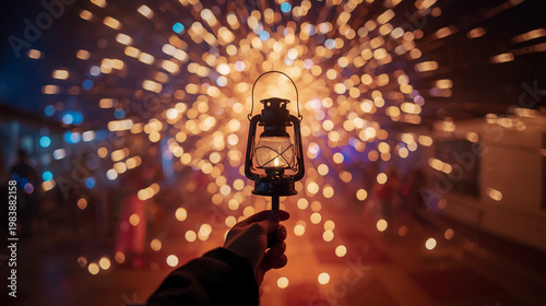 First person view of hand holding vintage lantern against explosive golden bokeh background