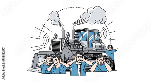 Construction workers cover ears from loud machinery noise pollution.