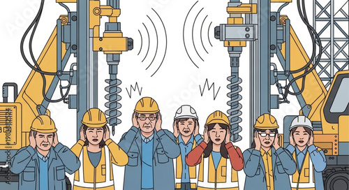 Construction workers covering ears from loud noise pollution from heavy machinery.