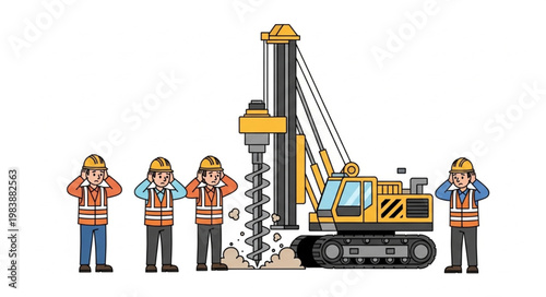 Construction workers covering ears near drilling machine on white background.