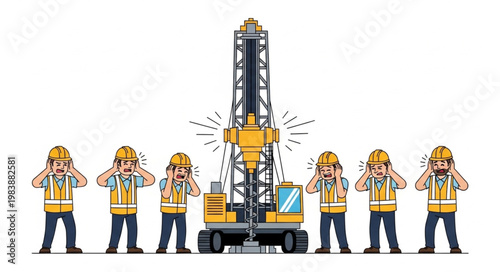 Construction Workers Covering Ears Near Loud Drilling Machine.