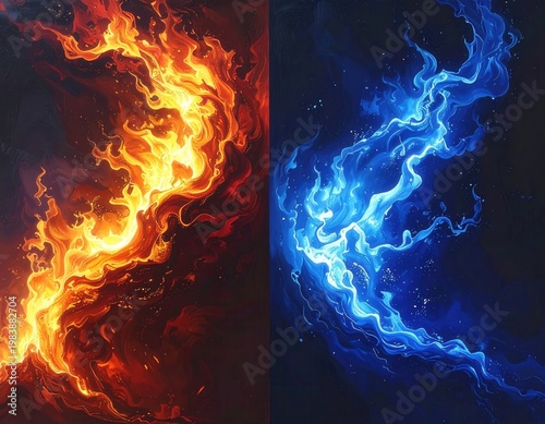 Abstrato e dinâmico contraste de fogo azul e chamas vermelhas, representando a dualidade de energias quentes e frias em um fluxo cósmico.