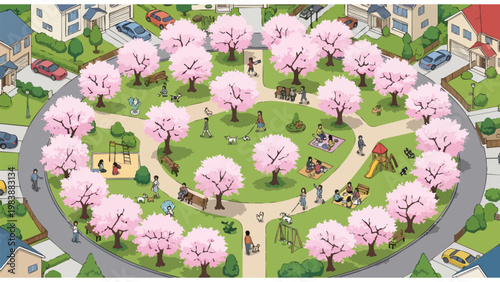 Community Park Spring Blossom Family Activities Suburban Neighborhood Aerial View