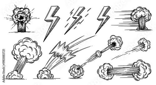 hand-drawn comic book style explosion and lightning bolt icons
