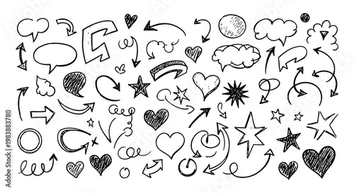 hand-drawn doodle icons arrows hearts stars and speech bubbles black and white sketches