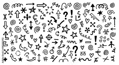 hand drawn arrows and doodle symbols form a versatile black and white sketch marks pattern of graphic elements ideal for creative projects.