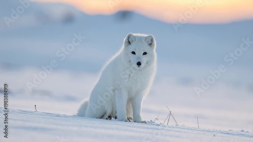 Arctic fox sits in snowy landscape, lit by the golden glow of sunrise
